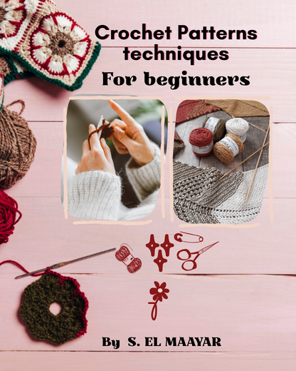 The Art of Crochet Patterns eBook cover featuring techniques for beginners with images of hands crocheting and yarn.